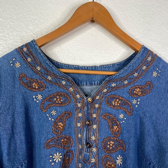 Phases Women's Denim Embroidered Paisley Boho Cottage Core Country Dress Blue XL - Picture 3 of 10